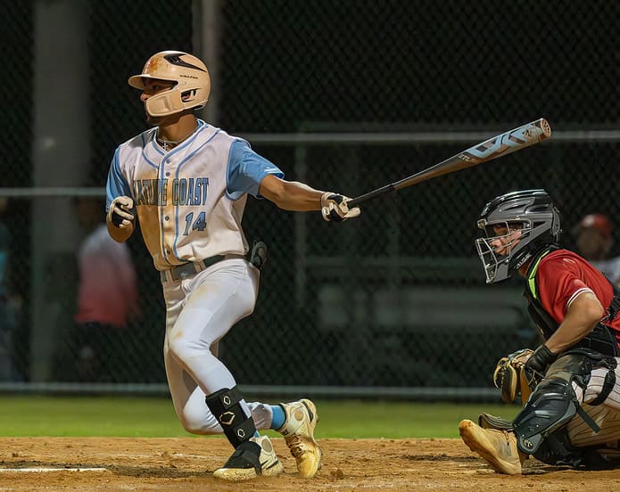 Nature Coast Tech,14, Nate Leavitt delivers a run scoring base hit in the bottom of the sixth inning in the 4A Regional Quarterfinal game versus visiting Satellite High. Photo by [Joseph Dicristofalo]