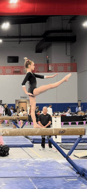 Paige Pretorius competing in balance beam. [Photo courtesy of Susan Pretorius]
