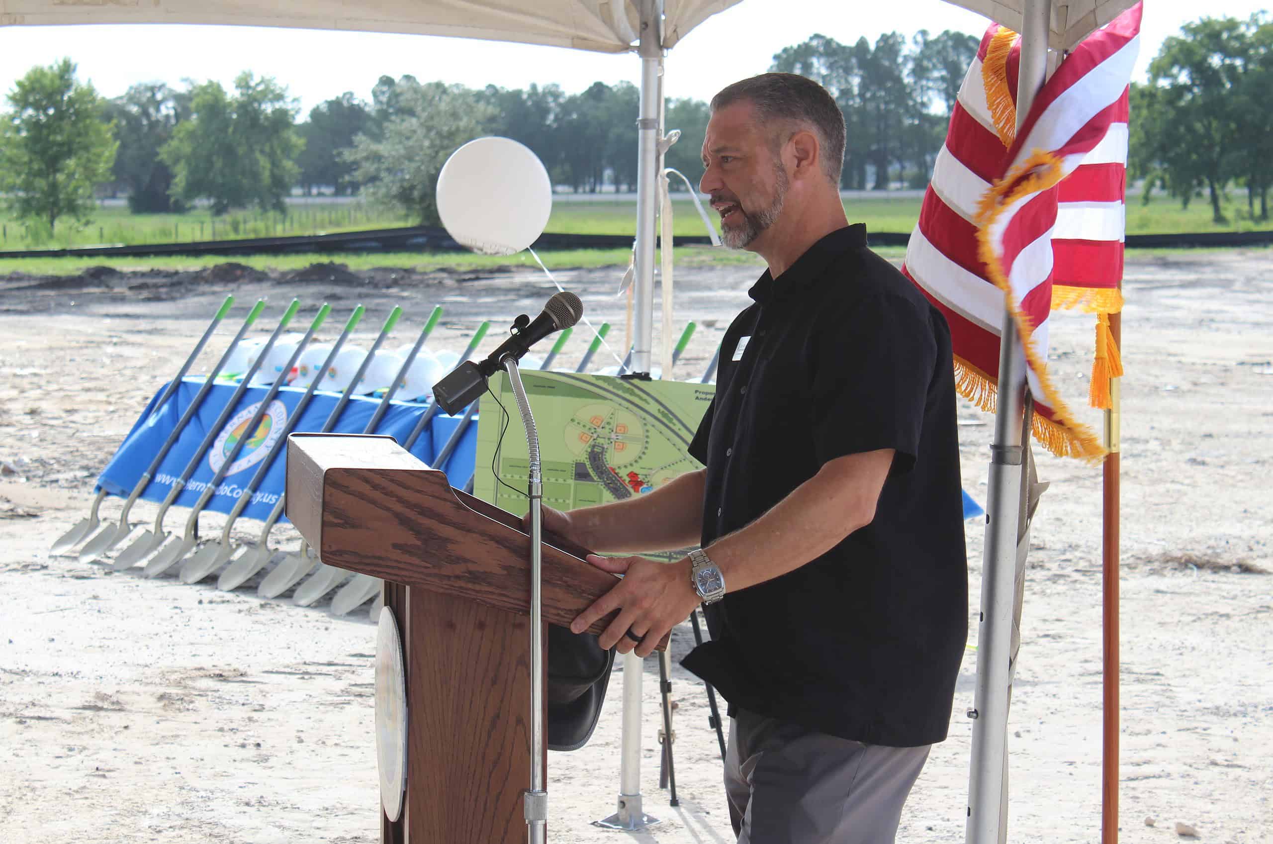 County Commissioner John Allocco Speaks at the Rotary Splash Park groundbreaking ceremony on Monday. [Photo by Austyn Szempruch]