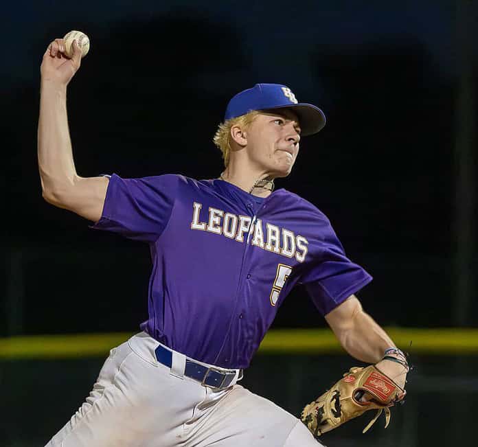 Hernando High’s, 5, Colten Cloud pitched the final two innings and held the Sharks scoreless completing the 7-4 win in the FHSAA 4A Regional semifinal game versus Nature Coast [Photo by Joseph Dicristofalo]