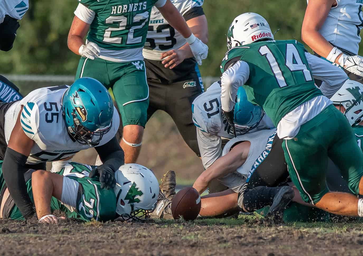 Weeki Wachee High's ,14, Evan Sareyania recovered this Sunlake fumble in the first quarter Friday night in Brooksville. [Photo by JOE DiCRISTOFALO]