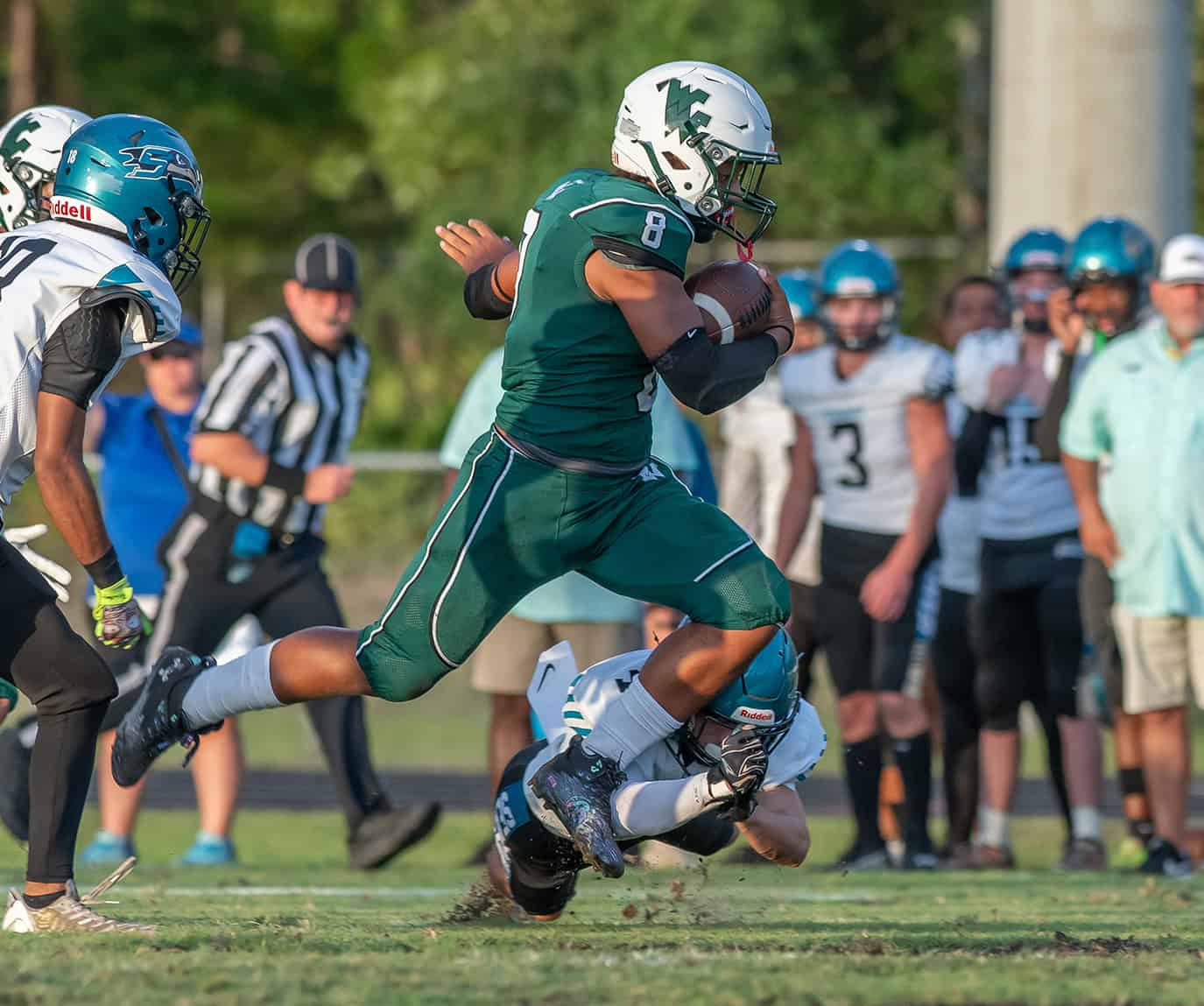 Weeki Wachee High's ,8, Leelan Wright broke open but was stopped by a shoestring tackle after a moderate gain against Sunlake Friday night in Brooksville. [Photo by JOE DiCRISTOFALO]