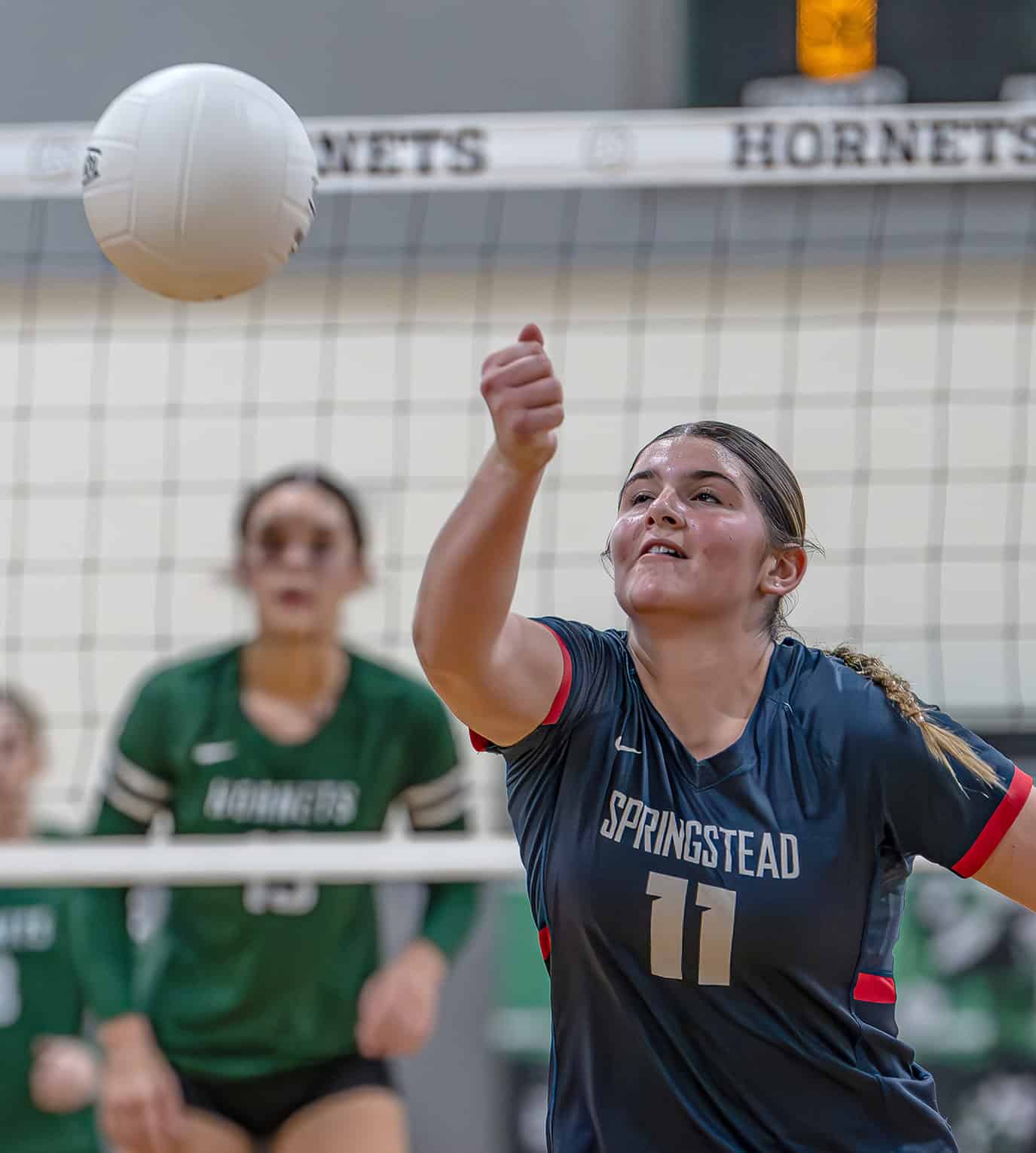 Springstead High, 11, Mackenna Chambers keeps a volley going in the match versus Weeki Wachee High Tuesday. [Photo by Joe DiCristofalo]