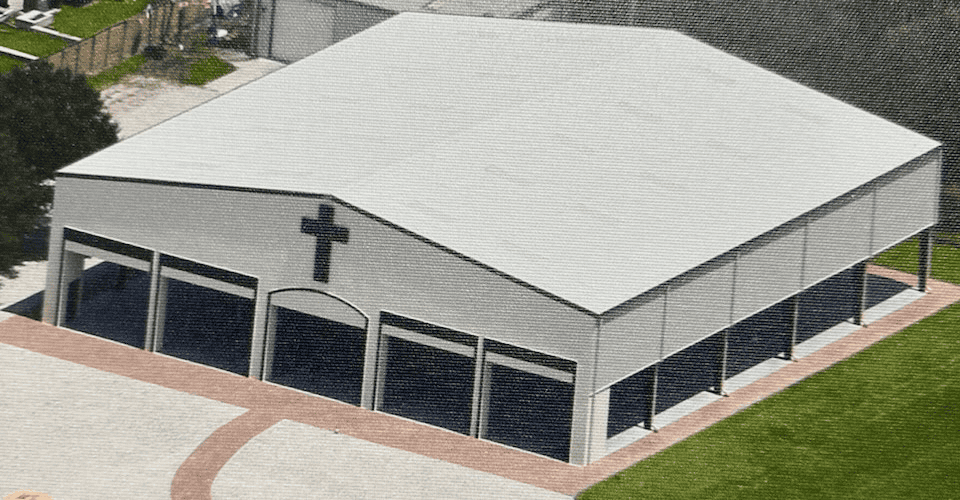 Aerial view (rendering) of the exterior of the building.  [Sarah Nachin]