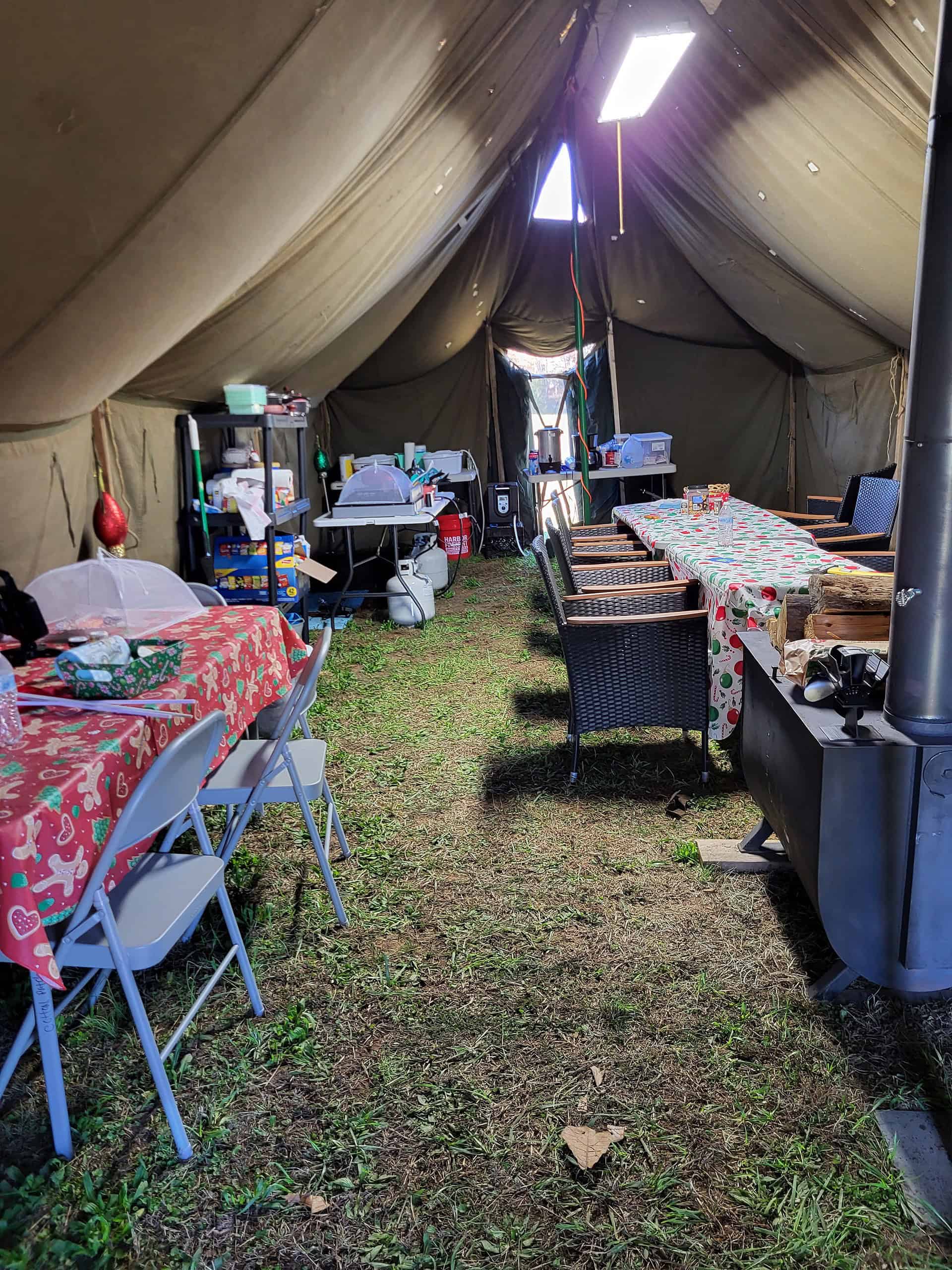 The military surplus dining tent at the "Cotton Patch" donated by the Taggart family. [Photo by Steve Goodwin]