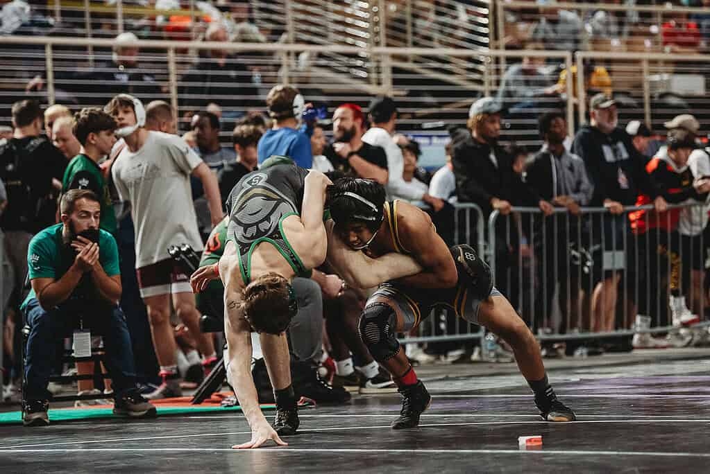 Noah Leota (FR) of Hernando won by decision over Author Vanderpool of Suwanee in a 150-pound match up at the 2025 FHSAA State Wrestling Championships at Silver Spurs Arena in Kissimmee. [Photo by Cynthia Leota]