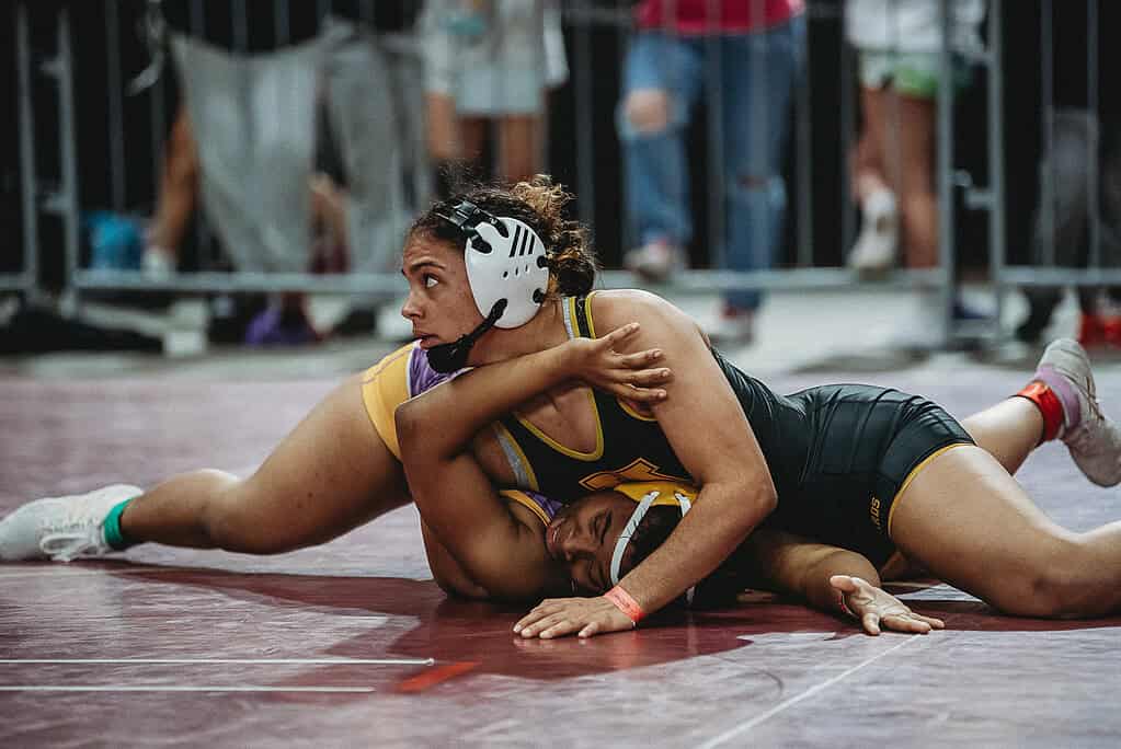 Mariah Earl (SR) of Hernando won by fall over Ja’niyah Williams of Columbia in a 155-pound match at the 2025 FHSAA State Wrestling Championships at Silver Spurs Arena in Kissimmee. [Photo by Cynthia Leota]