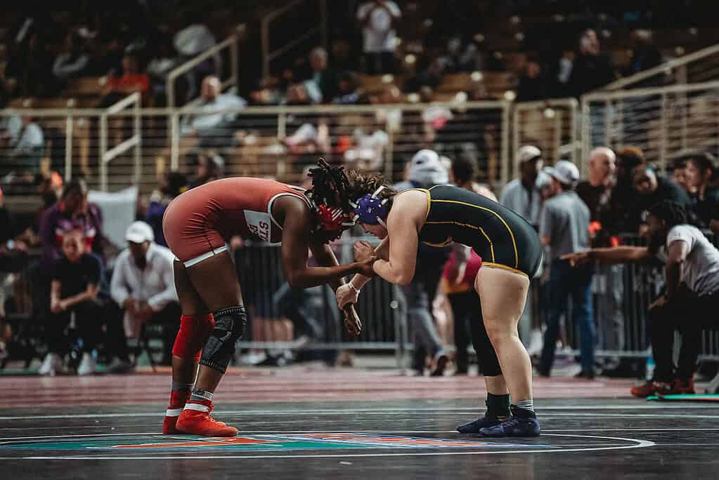 Chloe Stinnett (SR) of Hernando won by decision over Ariana Blanc of Douglas in a 170-pound match at the 2025 FHSAA State Wrestling Championships at Silver Spurs Arena in Kissimmee. [Photo by Cynthia Leota]