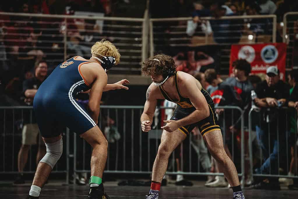Kian Blyss (JR) of Hernando won by fall over Maximiliano Garzano of Mater Lakes in a 215-pound match at the 2025 FHSAA State Wrestling Championships at Silver Spurs Arena in Kissimmee. [Photo by Cynthia Leota]