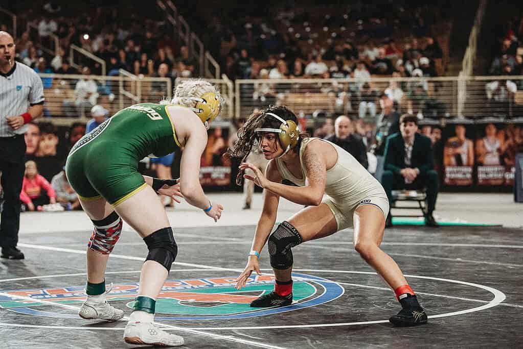 Emma Bauknight (SR) of Hernando faces Grace Lashinsky of Deland in a 115-pound match at the 2025 FHSAA State Championships Finals. [Photo by Cynthia Leota]