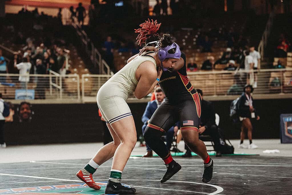 Grace Leota (SR) of Hernando ties up with her opponent Cerenity Whiting of Countryside at the 2025 FHSAA State Championships Finals. [Photo by Cynthia Leota]