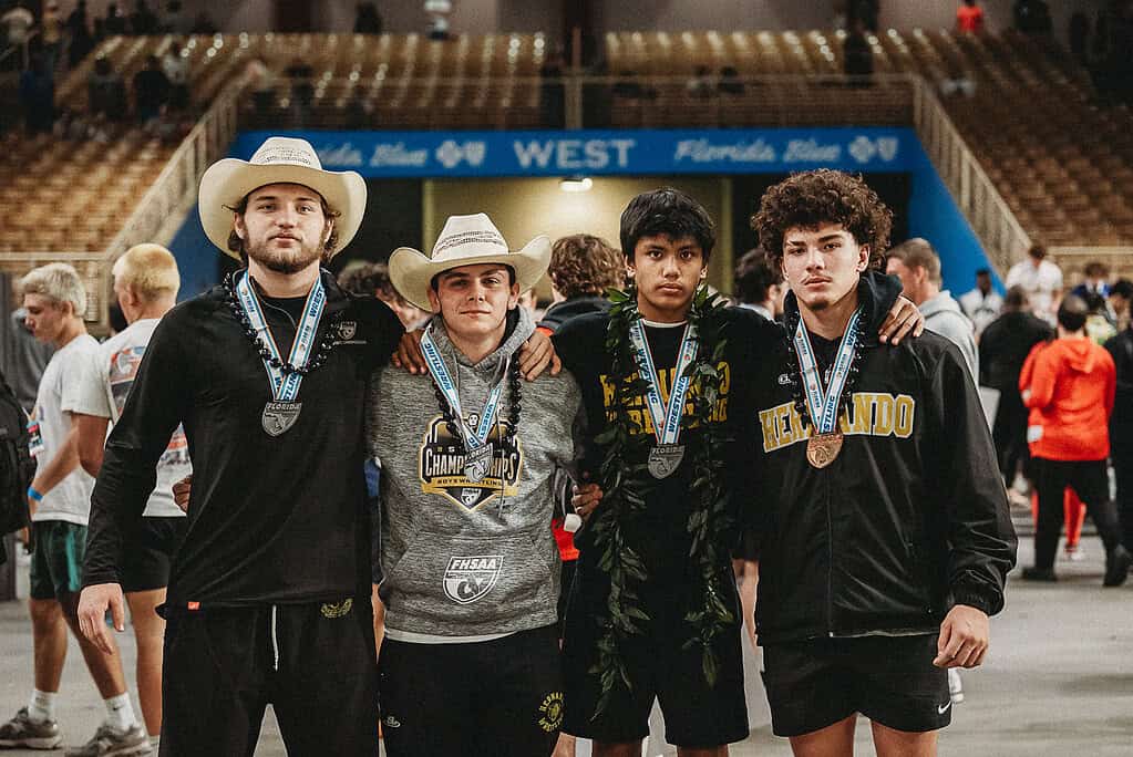 Hernando Boys State Placers from left to right: Kian Blyss (JR) placed 5th, James Shaw Garrett (JR) placed 6th, Noah Leota (FR) placed 6th, Jeremiah Chavis (FR) placed 3rd at the 2025 FHSAA State Wrestling Championships at Silver Spurs Arena in Kissimmee.