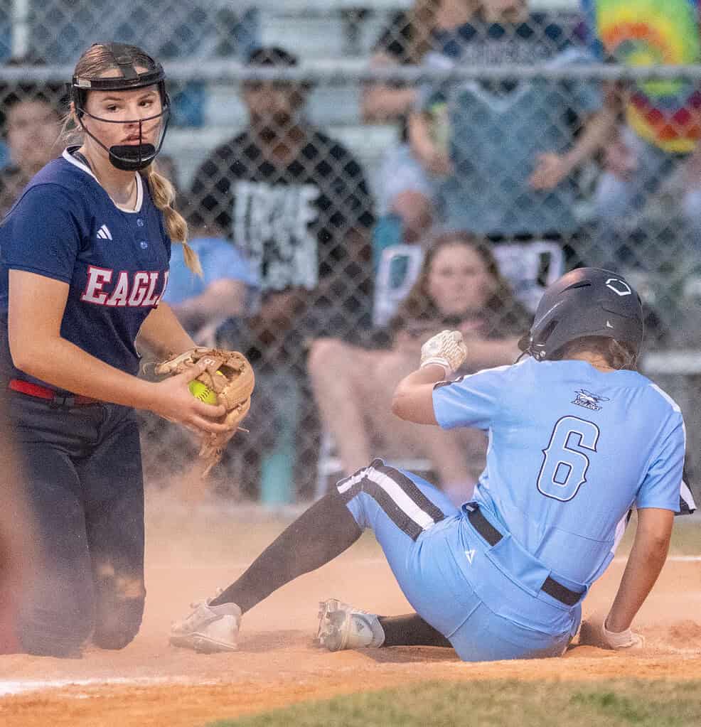 Springstead High pitcher, Alivia Miller was able to tag Nature Coast Tech, 6, Miranda Weimer to prevent a score on a passed ball in the 3-1 win. [Photo by Joe DiCristofalo]