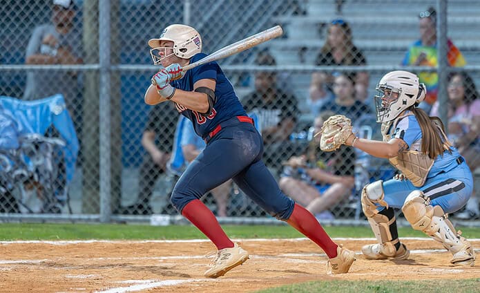 Springstead High, 06, Alivia Miller watches her two run , line drive, homerun which provided the winning runs in the 3-1 win Friday versus Nature Coast Tech. [Photo by Joe DiCristofalo]