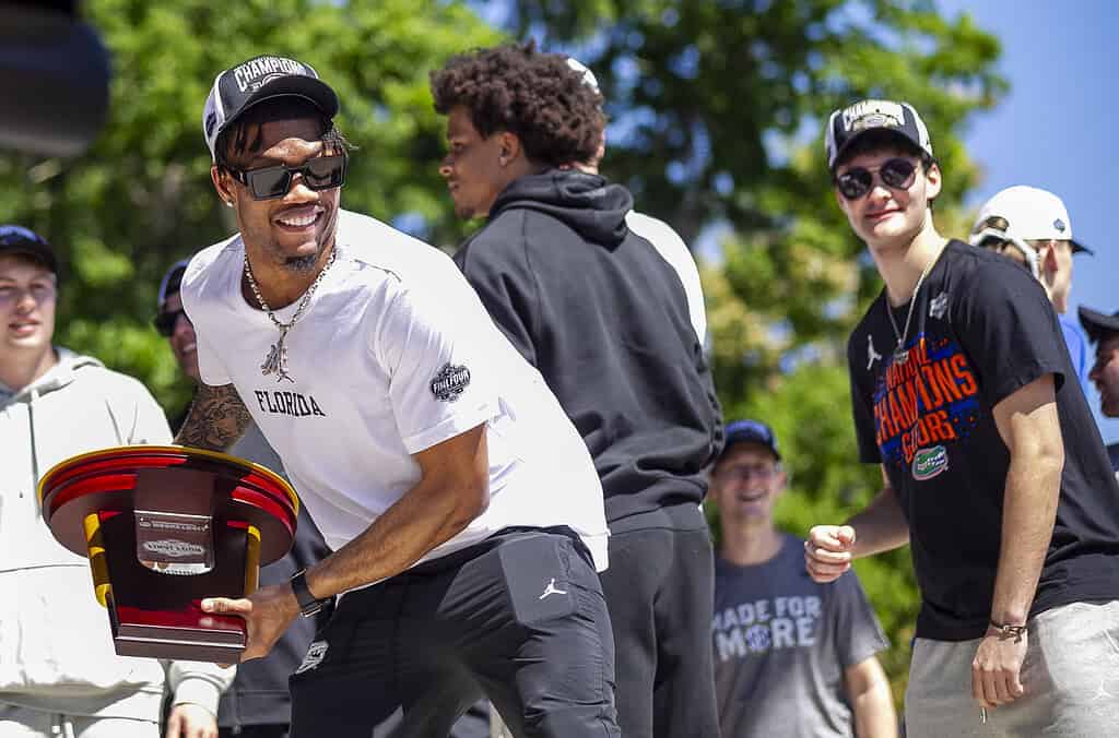 Alijah Martin pretends to throw the NCAA Championship trophy during the Championship Rally on Flavet Field in Gainesville, Fla., on Tuesday, April 8, 2025. (Photo by Hanna Maglio)