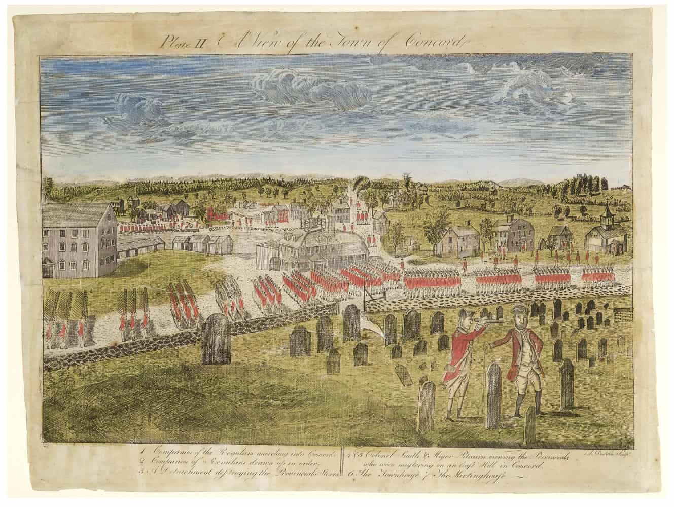 The British Army in Concord, April 19, 1775. "Plate II. A view of the town of Concord." In: "The Doolittle (Amos Doolittle) engravings of the battles of Lexington and Concord in 1775." [Public Domain]
