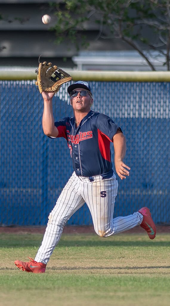 Springstead High centerfielder, Dalton Williams runs under a fly ball in the Thursday 5A playoff game between the Eagles and visiting New Smyrna Beach . [Photo by Joe DiCristofalo]