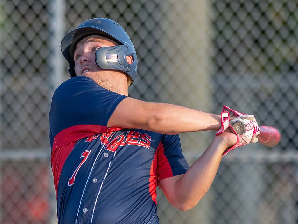 Springstead High Dalton Williams watches the flight of his sixth inning homerun in the Thursday 5A playoff game between the Eagles and visiting New Smyrna Beach . [Photo by Joe DiCristofalo]