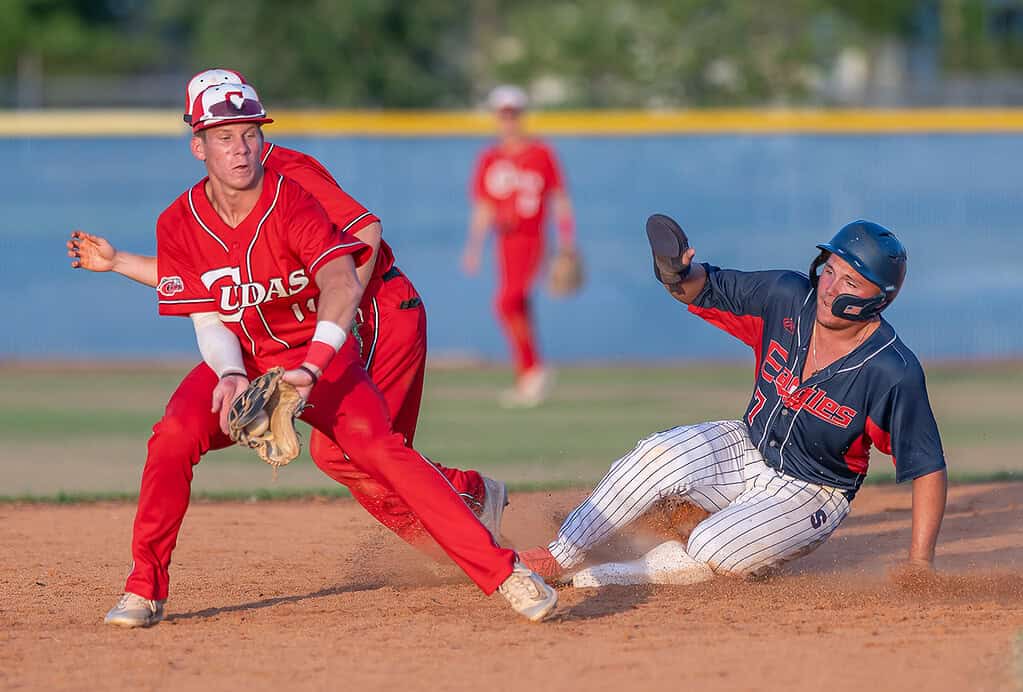 Springstead High right fielder Dalton Williams beats the throw to second base in the Thursday 5A playoff game between the Eagles and visiting New Smyrna Beach . [Photo by Joe DiCristofalo]