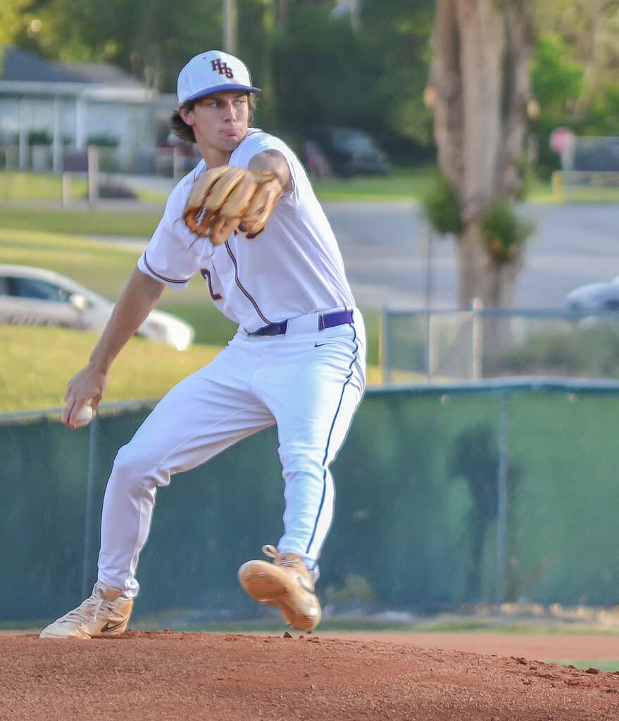 Hernando starter Austin Knierim pitches against North Marion in Game 3 of the regional quarterfinals on Thursday at Emerson Field. [Credit: Chris Bernhardt Jr.]