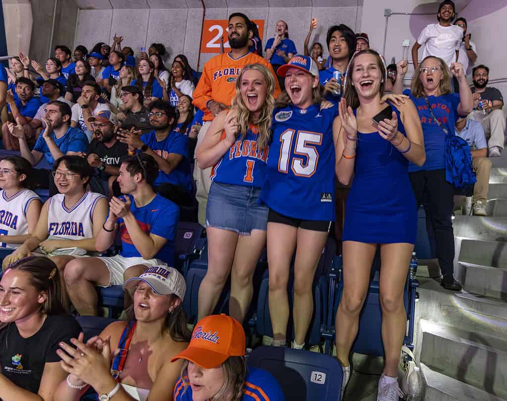 Fans react while watching the men's basketball NCAA championship at the Stephen C. O'Connell Center in Gainesville, Fla., on Monday, April 8, 2025. (Photo by Hanna Maglio)