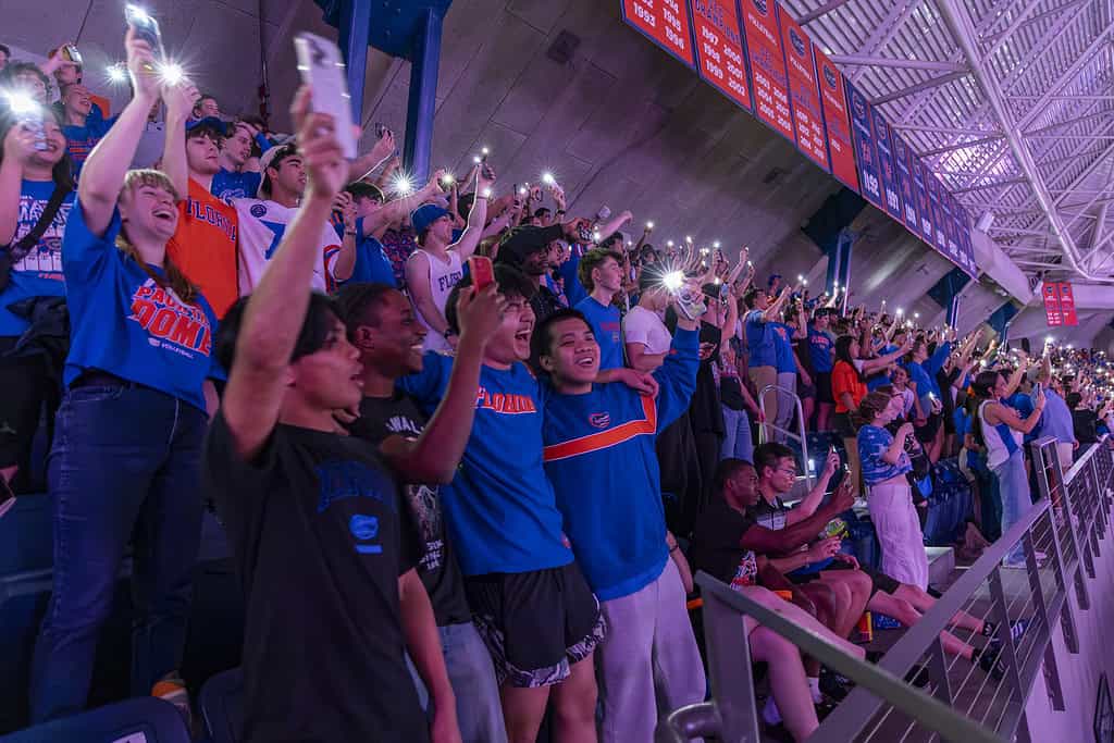 Tom Petty's "Won't Back Down" plays during the men's basketball NCAA championship at the Stephen C. O'Connell Center in Gainesville, Fla., on Monday, April 8, 2025. (Photo by Hanna Maglio)