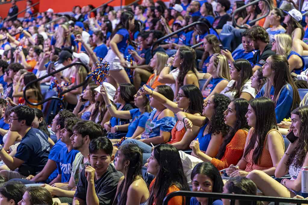 Gator fans put thumbs down while watching the men's basketball NCAA championship at the Stephen C. O'Connell Center in Gainesville, Fla., on Monday, April 8, 2025. (Photo by Hanna Maglio)