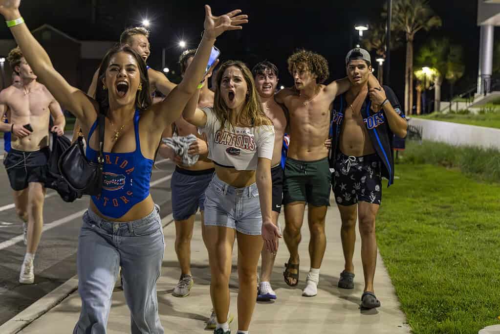 Gator fans celebrate the UF men’s basketball team’s NCAA Championship victory in Gainesville, Fla., on Monday, April 8, 2025. (Photo by Hanna Maglio)