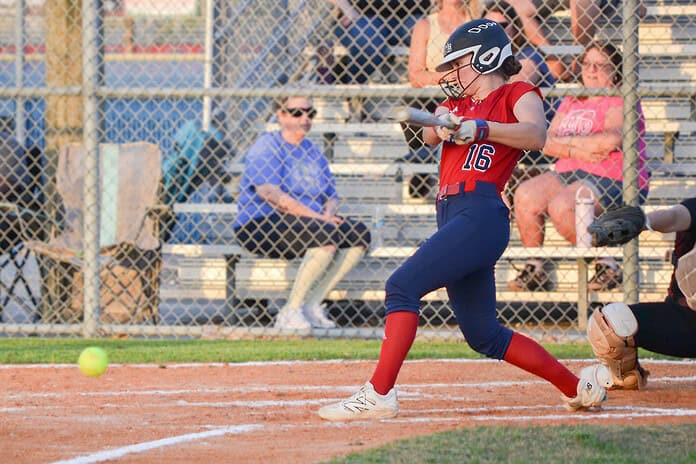 Audrina Savarese of Springstead singles down the third base line in the second inning against Palm Harbor University on Wednesday night. [Credit: Chris Bernhardt Jr.]