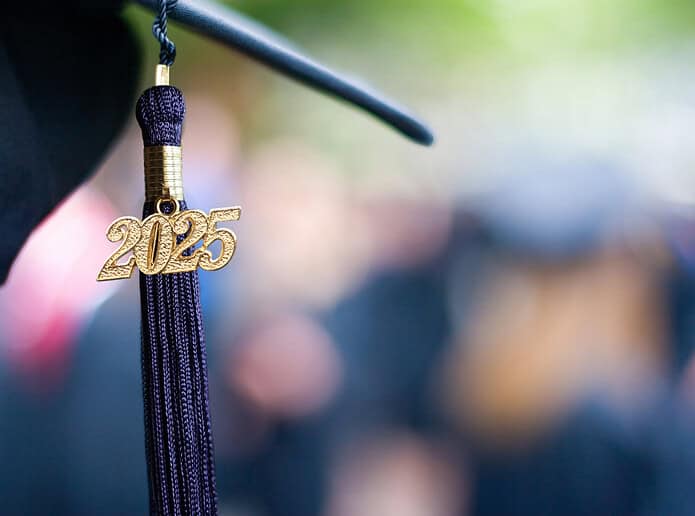 Closeup of a 2025 Graduation Tassel at a graduation ceremony.